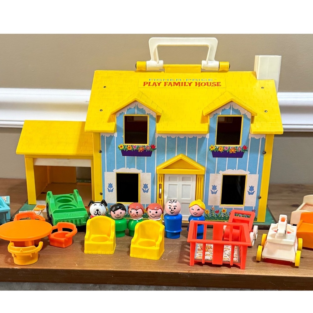 Vintage Fisher-Price Little People Play Family House 952 Blue Yellow 1970s Set